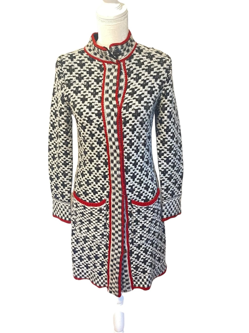 Chico's Black and White Knit Cardigan with Red Trim